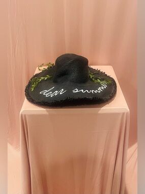 Black Wide-Brim Straw Sun Hat with Script Detail